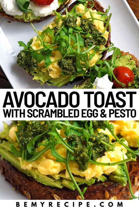 Avocado Toast with Scrambled Eggs and Pesto Avocado Toast Recipe Egg, Pesto Avocado Toast, Avacodo Toast Recipes Breakfast, Avacodo Toast Recipes With Egg Breakfast, Scrambled Eggs Avocado Toast, Pesto Eggs Breakfast, Avocado Scrambled Eggs, Avocado Toast With Scrambled Egg, Toast Recipe Breakfast