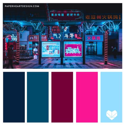 Color Palette: City Lights — Paper Heart Design Spiderverse Colour Palette, Tokyo Colour Palette, Tokyo Color Palette, Night Club Color Palette, City Pop Color Palette, Vegas Color Palette, Pop Art Color Palette, Cyberpunk Color Palette, Color Palette Neon