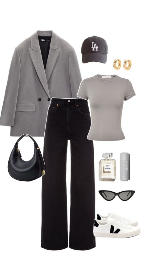 Spring outfit idea, fashion inspiration, inspo, grey blazer, veja shoes, wide leg black jeans, black purse, LA cap, skims dupe Blazer - https://amzn.to/3WoEYz0 Top - https://amzn.to/3UN7yst Jeans - https://amzn.to/3Wql7zt Shoes - https://amzn.to/3yjca0A Bag - https://amzn.to/3Wtz8ME Cap - https://amzn.to/3QALu1U Accessories - https://amzn.to/3UNw9xh https://amzn.to/44ymtKg https://amzn.to/4btZqCD https://amzn.to/3y0tlnB  #ad #sponsored #affiliate Black Blazer With Grey Pants, Big Blazer Outfits Black, Grey Jacket Outfit Casual, Black Grey Jeans Outfit, Grey Blazer Outfit Casual, Oversized Wide Leg Gray Pants, Wide Black Jeans Outfit, Grey Wide Leg Jeans Outfit, Grey Blazer Outfits For Women