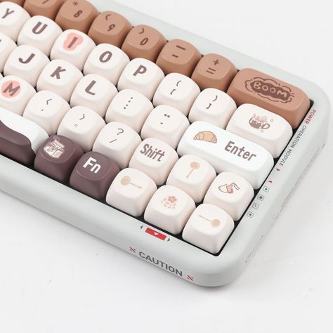 Specs Keys Number: 136 Keys Material: PBT Dye Sublimation Profile: MOA Profile Compatibility Friendly Remind: Only Keycaps included, no keyboard. Compatibility: 60%/70%.80%/90%/100% layout keyboards. Not compatible with Razer/Corsair/Dareu EK85 and short profile keyboards. Features Resistance to yellowing & Oiling Thicker keycaps can also contribute to a more muted typing sound. Cute Custom Keyboard, Cool Keycaps, Creamy Keyboard, Keyboards Aesthetic, Fancy Keyboard, Keyboard Aesthetic, Unique Keyboards, Computer Set, Key Cap