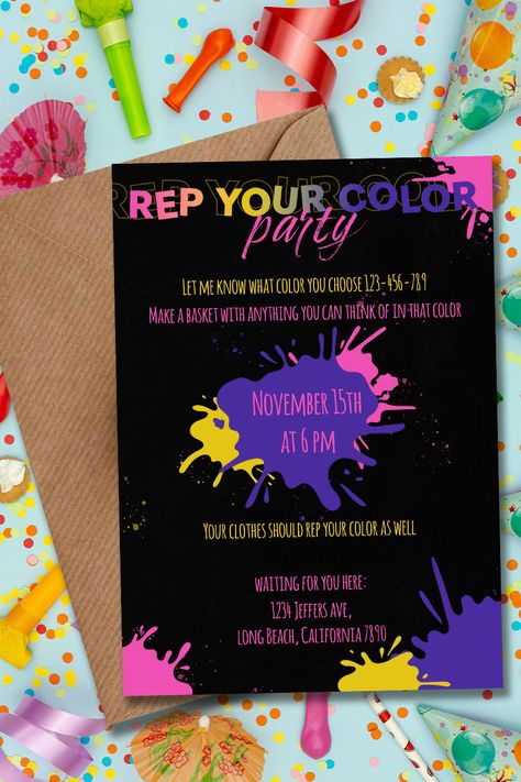 Color Theme Party Invitation, Color Party Invitations, Color Party Invitations Adults, June Birthday Party Themes, Color Theme Party Ideas For Adults, Neon Theme Invitations, Neon Birthday Party Invitations, Neon Party Invitations Template, Glow Invitations Neon Birthday