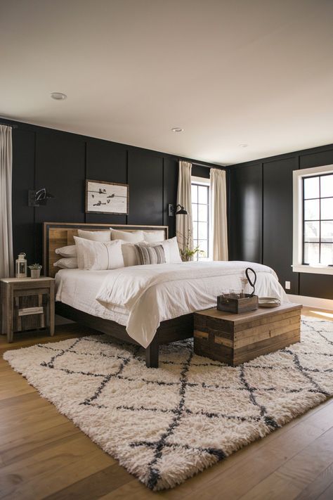 16 Modern Farmhouse Bedroom Ideas to Create a Warm and Inviting Space - My Decor Inspo Black Accented Bedroom, Black White And Wood Bedroom, Black Feature Wall Bedroom, Bedroom Ideas With Black Furniture, Accent Walls Bedroom, Masculine Bedrooms, Modern Black Bedroom, Charcoal Bedroom, Dark Bedrooms