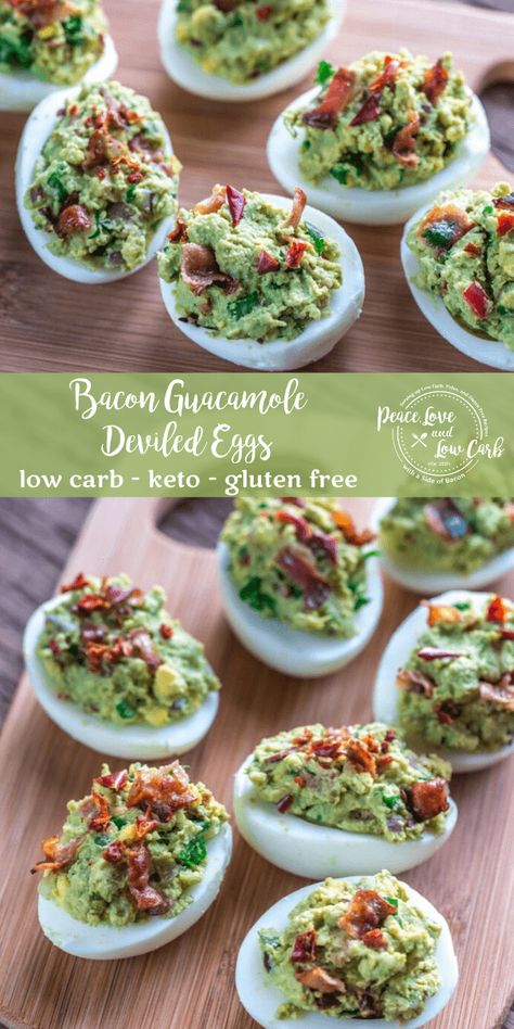 The perfect keto Whole30 appetizer - Bacon Guacamole Deviled Eggs. Full of delicious healthy fats. They will keep you full for hours. Deviled Eggs Keto, Guacamole Deviled Eggs, Peace Love And Low Carb, Bacon Guacamole, Bacon Appetizers, Deviled Eggs Recipe, Perfect Keto, Guacamole Recipe, Keto Diet Meal Plan