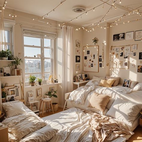 Cozy bed, aesthetic bedroom ideas, bedroom ideas, bedding ideas, cozy bedroom, home bliss Window Seat For Small Bedroom, Small Room With Window Seat, Room With Two Beds, University Bedroom, White Blankets, Mini Bedroom, Cozy Dorm, Cozy Dorm Room, Large Bed