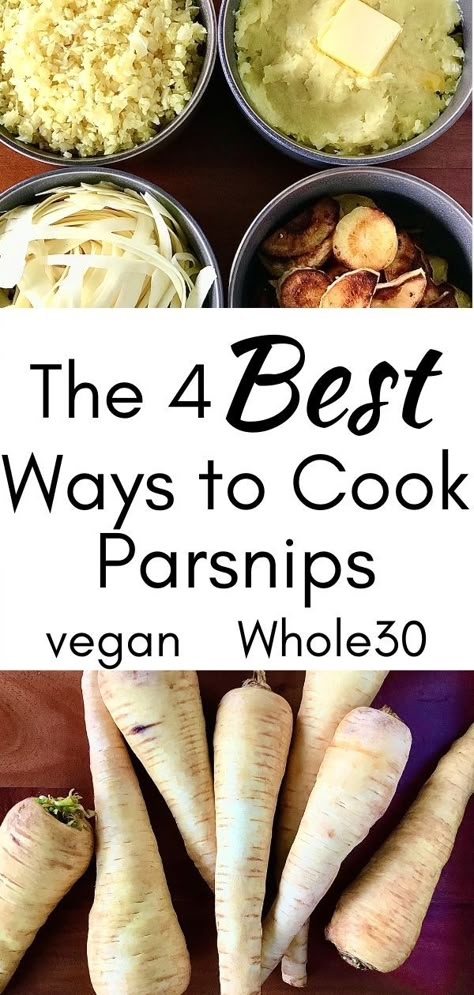 Looking for fun, healthy and cheap ways to get more veggies in your and your family's diet? These easy parsnip recipes will show you how to cook them for any meal, no special equipment needed! Parsnip rice, mashed parsnips, parsnip noodles and roasted parsnips don't need any special equipment and are naturally Paleo, vegan and Whole30 friendly! Parsnip Noodles, How To Cook Parsnips, Mashed Parsnips, Parsnip Recipes, Whole30 Vegan, Roasted Parsnips, More Veggies, Low Sugar Recipes, Paleo Vegan