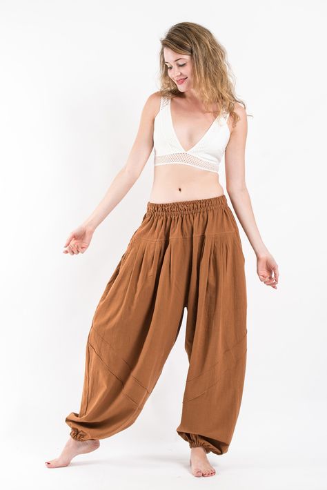 Genie Women's Cotton Harem Pants in Brown Brown Cotton Harem Pants, Genie Pants Outfit, Harem Pants Outfit, Genie Pants, Cotton Harem Pants, Elephant Pants, Balloon Pants, Harem Pants Women, Fur Clothing