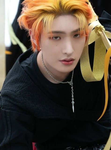 Mingi Orange Red Hair, Mingi Halazia, Fire Hair, Mingi Ateez, Song Mingi, Song Min-gi, Awesome Hair, Yellow Hair, Kpop Icons