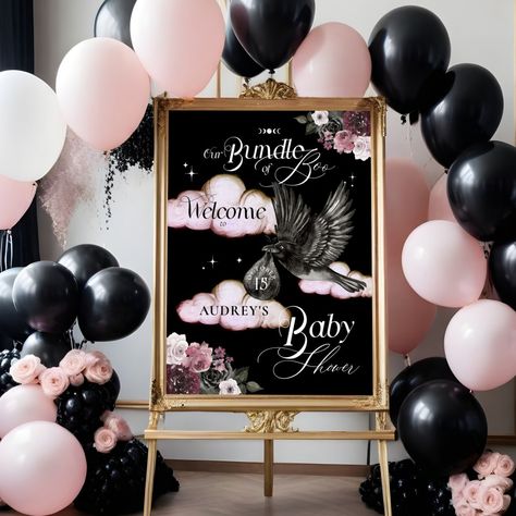 Our gothic bundle of boo raven delivery baby shower welcome sign is the perfect welcome sign for the modern mother-to-be who embraces a unique and edgy aesthetic for her baby shower celebration. Our welcome sign features our exquisite hand-painted watercolor vintage gothic style flying black raven bird carrying a black bundle, delicately adorned with gothic elements, along with our painted watercolor gothic vintage florals and fluffy clouds. Design captures the essence of a cute mystical and cha Rock A Bye Baby Shower Theme, Black And Pink Baby Shower Ideas, All Black Baby Shower Theme, Dark Baby Shower Ideas, Black Baby Shower Ideas, Gothic Baby Shower Ideas, Addams Family Baby, Goth Baby Shower Ideas, Coed Baby Shower Themes