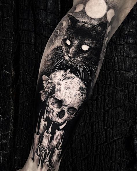 Matthew Murray ☪︎ on Instagram: “moonlike and dim, you wander ever in the deep . . . #saniderm #sanidermproteam #blackveiltattoo #blacktattooart #blackwork #salemma…” Cat Skull Tattoo, Victorian Witch, Gotik Tattoo, Occult Tattoo, Goth Tattoo, Black Cat Tattoos, Wicked Tattoos, Witch Tattoo, Scary Tattoos