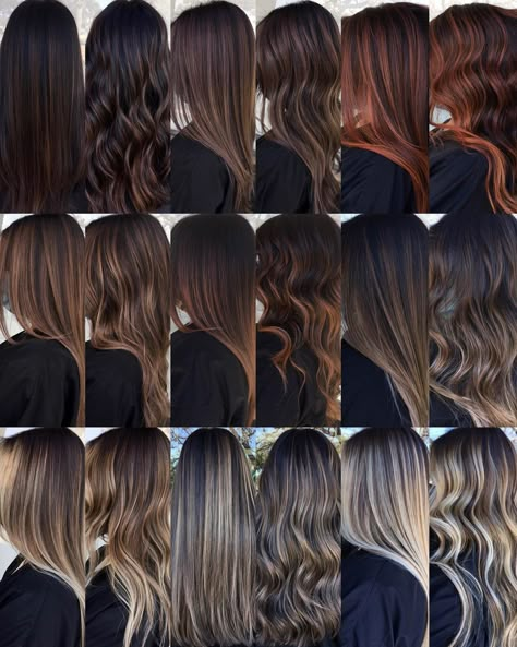 Highlight Tones Chart, Summer Brown Hair Color Brunettes, Black And Brown Hair Two Tone, Level 5 Brown Hair With Highlights, Highlights Cool Tone, Brunette Hair With Brown Highlights, Bronde Bayalage, Natural Hair Colors To Dye Your Hair, Brunette Highlighted Hair