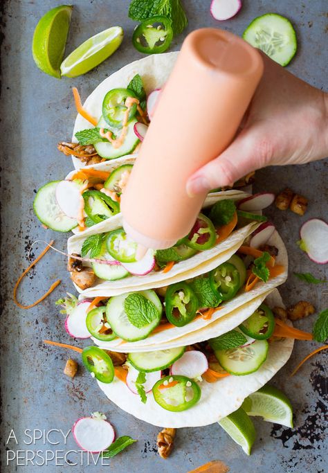 Zippy Vietnamese Banh Mi Street #Tacos  - on ASpicyPerspective.com Banh Mi Tacos, Street Tacos Recipe, Vietnamese Banh Mi, Street Taco Recipe, Street Taco, Vietnamese Sandwich, Banh Mi Sandwich, Asian Dinners, A Spicy Perspective