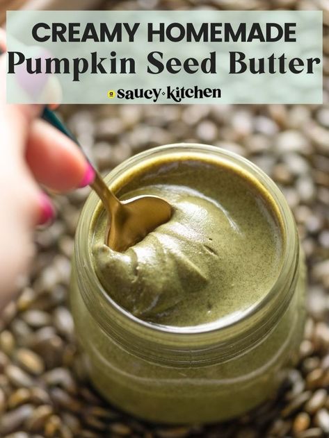 a spoon stirring pumpkin seed butter in a jar surrounded by pumpkin seeds Pumpkin Seed Butter Recipes, Homemade Pumpkin Seeds, Shelled Pumpkin Seeds, Nut Butter Recipes, Pumpkin Seed Butter, Raw Pumpkin Seeds, Dairy Free Eggs, Pumpkin Butter, Homemade Spices