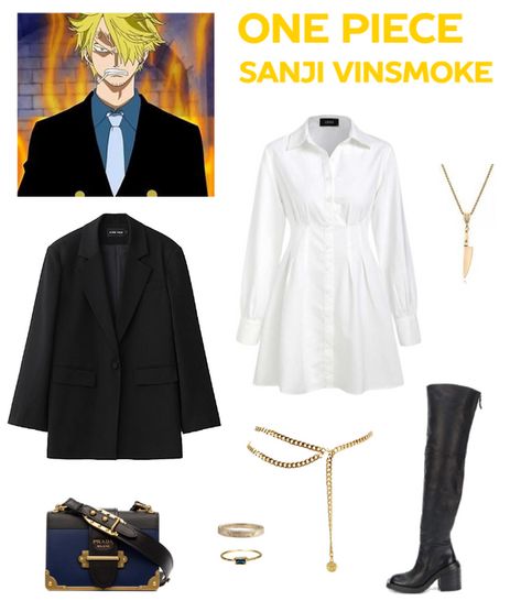 Step into the world of flavors with this feminine twist on Sanji Vinsmoke's iconic suit attire from One Piece! A stylish shirt dress, complemented by a blazer dress and high boots, captures Sanji's refined yet daring style. The knife necklace adds a subtle nod to his culinary prowess. Elevate your look and showcase your love for both fashion and cooking with this Sanji Vinsmoke-inspired outfit. 👨‍🍳🌸 One Piece Outfit Ideas Anime, Sanji Inspired Outfit, One Piece Anime Outfits, One Piece Clothes Outfits Anime, Sanji In Dress, Sanji Outfit, One Piece Inspired Outfits Anime, Sanji Decoration, Sanji Vinsmoke Cosplay