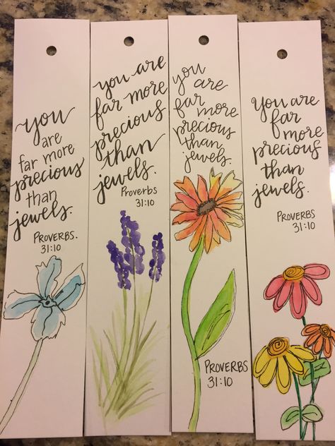 Proverbs 31 Craft Ideas, Christian Book Mark Ideas, Watercolor Bookmarks Quotes, Watercolor Bible Bookmarks, Watercolour Book Marks, Easy Watercolor Bookmark Ideas, Bible Bookmarks Diy, Jesus Bookmarks, Watercolor Bookmark Ideas