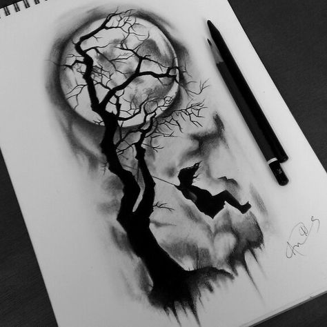 Dark Female Tattoo Ideas, Dark Times Tattoo, Spooky Tree Tattoo Designs, Goth Tree Tattoo, Dark And Moody Tattoo, Scary Tree Tattoo, Dark Tree Drawing, Dark Thoughts Tattoo, Gothic Tree Tattoo