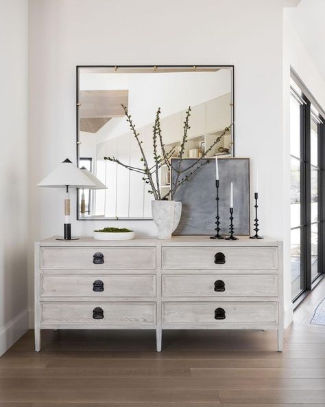 Studio McGee on Instagram: “We love incorporating @mcgeeandco pieces into our projects whenever they feel fitting, and this vignette of the Lazlo Dresser at our…” Mcgee Entryway, Minimal Entryway, Mountainside Retreat, Traditional Entryway, The Mcgee Home, Big Blank Wall, Mcgee Home, Modern Entry, Entryway Inspiration