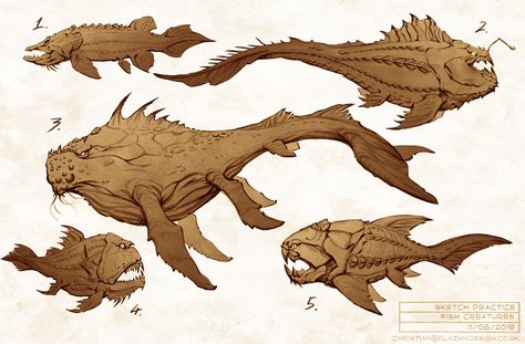 ArtStation - Christian Johnson - Fish sketching Fish Creature Design, Sea Creature Concept Art, Fish Alien, Creepy Fish, Monster Fish, Fish Dragon, Alien Fish, Ancient Fish, Fish Sketch