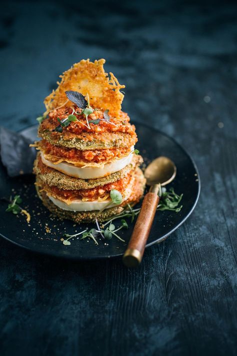 Green Tomato Parmesan Stacks with Red Pesto Sweet Potato Stacks, Tomato Parmesan, Marinated Vegetables, Red Pesto, Parmesan Crisps, Thanksgiving Recipes Side Dishes, Eggplant Parmesan, Creamy Potato, Pesto Recipe