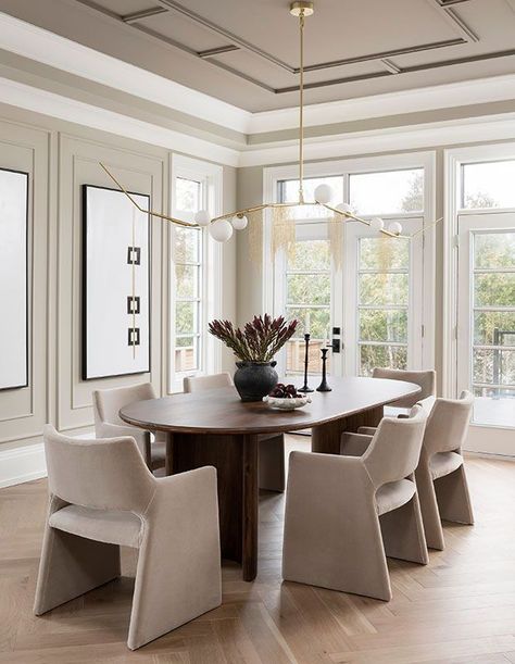 Oak Floor Dining Room, Dining Room Dark Table, Vogue Home, Dark Table, Luxe Bathroom, Dark Wood Table, Walnut Doors, Small Design, Painted Paneling