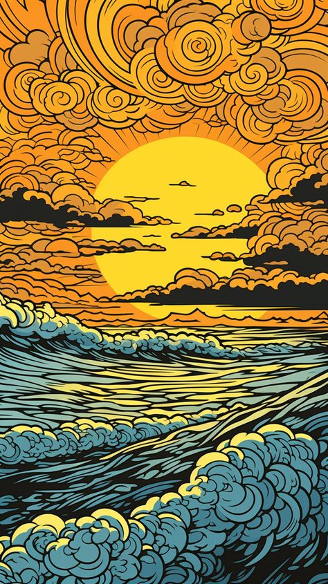 Experience the vibrant dance of sunset and waves on your iPhone and Android screens. This artwork brings a surreal twist to nature's beauty, perfect for those who love to stand out 🌊🎨 Ocean Inspired Drawings, Sun Drawing Design, Surreal Wallpaper, Retro Drawings, Sunset And Waves, Wave Artwork, Retro Surf Art, Sunset Artwork, Wave Illustration