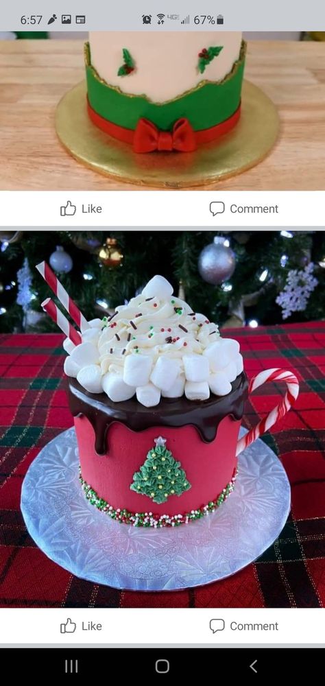 Unique Christmas Cake Designs, Christmas Cake Ideas 2024, Candy Cane Cake Decoration, Christmas Themed Cakes Simple, Cake Christmas Ideas, Christmas Mini Cake Designs, Cake Decorating Contest Ideas, Cake Decorating For Christmas, Hot Chocolate Cake Design