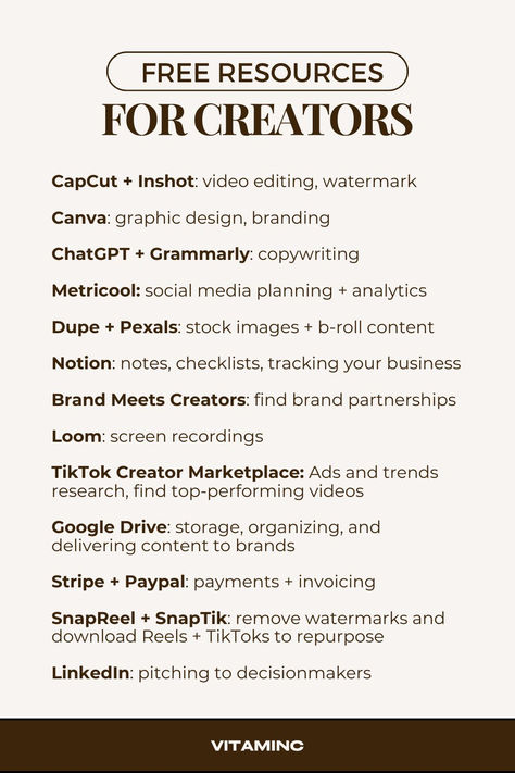 FREE Apps + Resources for Content Creators, brown tredny aesthetic, list of platfroms that are free for UGC creators Content Creator For Beginners, Content Creation Planning, Content Creator Business Plan, Content Creator Organization, Content Creator Apps, Content Creator Ideas For Beginners, Beginner Content Creator Tips, How To Become Content Creator, How To Become A Ugc Content Creator