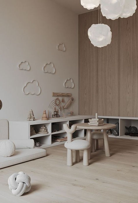 Modern Kids Tv Room, Wabi Sabi Playroom, Interior Design Playroom, Playroom Interior Design, Nursery Room Neutral, Neutral Kids Playroom, Nordic Playroom, Beige Kids Room, Japandi Kids Room