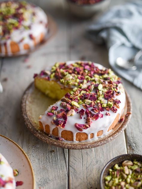 Rosewater and Pistachio Vanilla Buttercake - Lisa Eats World Pistachio Rose Cake Recipe, Rosewater Pistachio Cake, Pistachio Rose Dessert, Pistachio Rose Cake, Rose Cake Recipe, Rose And Pistachio, Vanilla Butter Cake, Rose Pistachio, Pistachio Rose