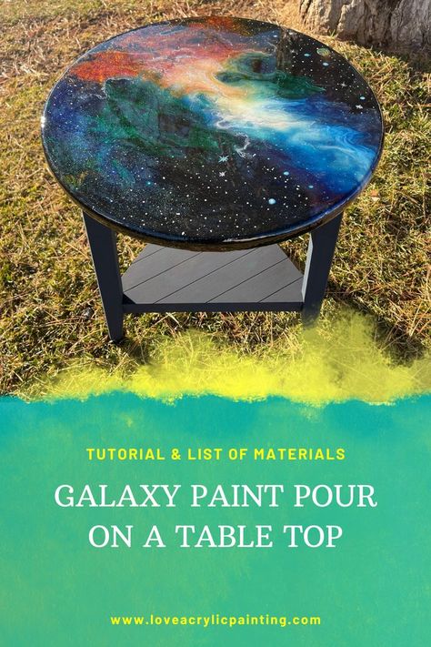 Galaxy Painted Dresser, Galaxy Paint Pour, Paint Pour Table Top, Galaxy Wall Paint Diy, Forts Aesthetic, Painted Wood Deck, Love Acrylic Painting, Spray Paint Artwork, Painted Table Tops