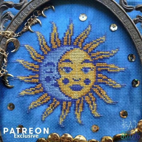 ⊹₊ ⋆ April Patreon Pattern ~ All Was Golden ๋࣭⭑ ⚝ So fresh, like 1990s fresh! Find this celestial design on my Patreon, Tiers 2 & 3! I loved designing and stitching this one, I'm so happy that my favorite aesthetic from the 90s is making a comeback. I stitched this on @witchsgardencrafts Silver Springs. Pattern is available until 5/15/24. Sun Cross Stitch Pattern Free, Solar Eclipse Cross Stitch, Sun Cross Stitch Pattern, Cross Stitch Celestial, Luna Moth Cross Stitch, Favorite Aesthetic, Moon Cross Stitch Pattern, Moon Cross Stitch, Celestial Design