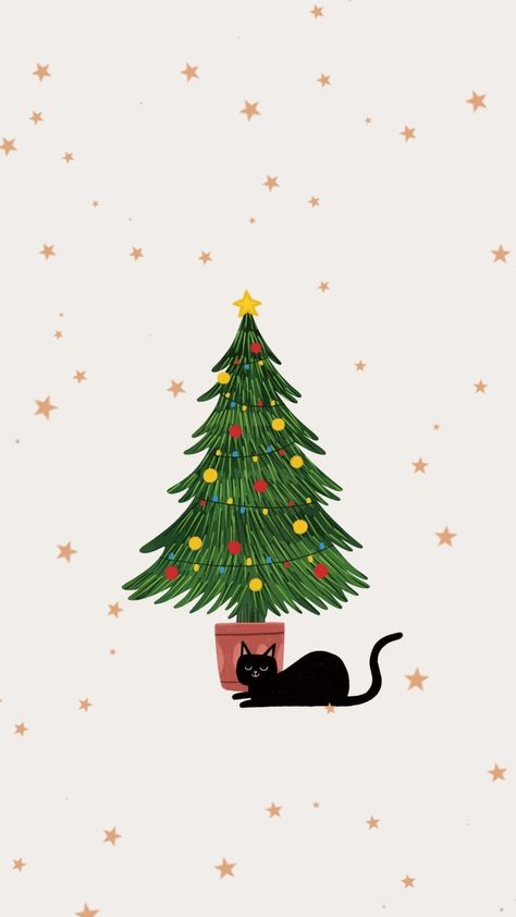 Cat Christmas Phone Wallpaper, Christmas Cat Painting Easy, Black Cat Christmas Wallpaper, Christmas Cat Wallpaper Iphone, Christmas Cat Aesthetic, Christmas Cats Aesthetic, Cat Christmas Wallpaper, Christmas Cat Illustration, Christmas Cat Wallpaper