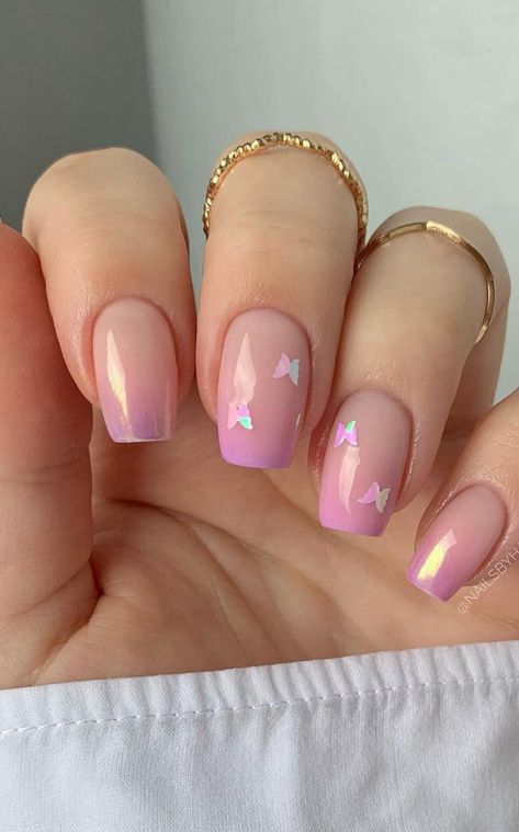 Butterfly Nails Short, Cute Pink Nail Ideas, Nails Butterflies, Pink Nail Ideas, Iridescent Butterfly, Butterfly Nail Designs, Cute Pink Nails, Simple Spring Nails, Butterfly Nails