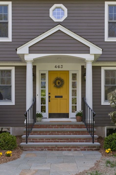 Benjamin More Yellow Marigold 7 Fabulous Colors for Your Front Door Exterior Paint Schemes, Yellow Front Doors, House Paint Color Combination, Gray House, Yellow Door, Pintura Exterior, Yellow Doors, Painted Front Doors, Grey Houses