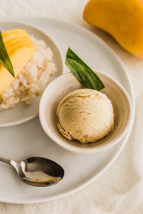 Scoop of mango sticky rice ice cream in a bowl, with a spoon on the side. Ice Cream In A Bowl, Rice Ice Cream, Durian Ice Cream, Thai Ice Cream, Coconut Milk Dessert, Unique Ice Cream Flavors, Asian Dessert Recipes, Gelato Flavors, Custard Ice Cream