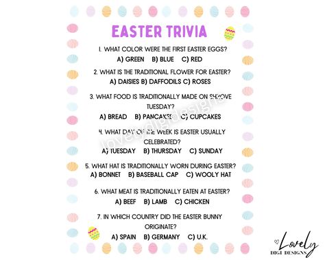 Printable Easter trivia quiz game! The perfect Easter game! The ideal Easter party game! *EASY* Purchase, download and print! You will receive:  ♦ 1 x high quality Easter trivia sheet with 7 multiple choice questions ♦ 1 x answer sheet ♦ Print as many as you like! Paper size: letter - 8.5 x 11 inches (will print on A4) PLEASE NOTE: This is a printable product only. NO products will be physically sent out to you. You can find your digital files in your Etsy downloads immediately after purchase he Easter Quiz, Easter Trivia, Party Games Kids, Easter Party Games, Easter Activity, Shrove Tuesday, Easter Games, Wooly Hats, Trivia Quiz