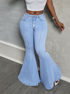 Casual Water-Washed Bell-Bottom Jeans Light Wash Casual   Denim Plain Flare Leg High Stretch  Women Clothing, size features are:Bust: ,Length: ,Sleeve Length: Bellbottom Jean Outfits, Bellbottom Jean, Athleisure Outfits Fall, Fall Outfits Pinterest, Jeans With Chains, Comfy Fall Outfits, Boys Fall Outfits, Fits Aesthetic