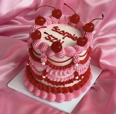 red and pink scorpio szn cake with cherries Red And Pink Cake Ideas, Vintage Style Cake Birthday, Scorpio Szn Cake, Pink Scorpio, Heart Cake Designs, Vintage Cake Decorating, Cherry Birthday, Scorpio Szn, Cake With Cherries