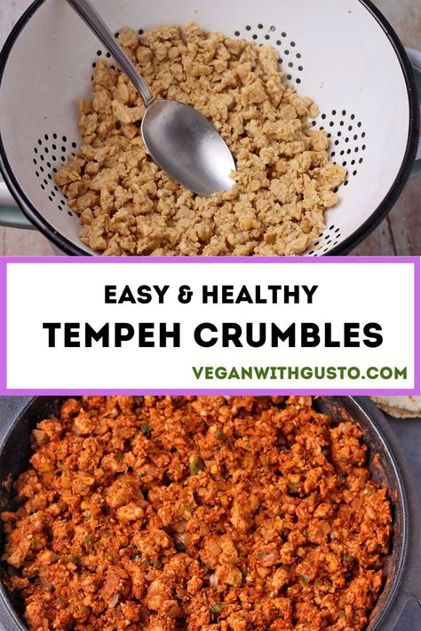 Making tender vegan tempeh without the bitter flavor is easy once you know the trick. Tempeh crumbles are easy to make and versatile, so you can make them in various recipes. Tempeh Crumble Recipes, Shredded Tempeh, Easy Tempeh Recipes, Tempeh Scramble, Tempeh Crumbles, Vegan Tempeh Recipes, Tempeh Recipes Vegan, Tvp Recipes, Gut Protocol