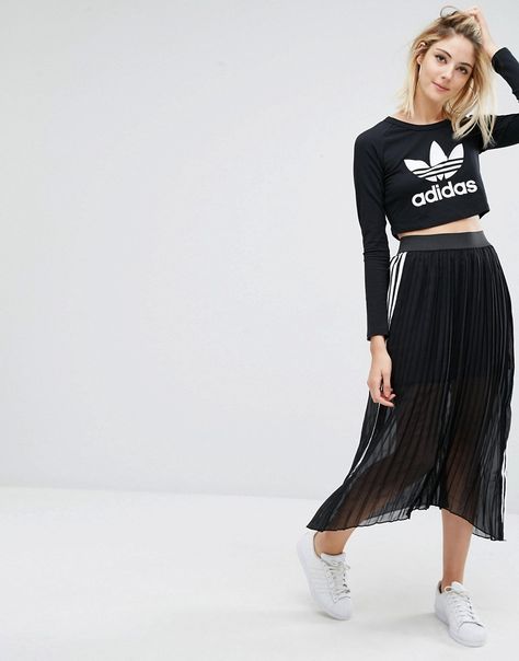 Image 1 of adidas Originals Pleated Maxi Skirt With 3 Stripe Adidas Dress Outfits, Looks Adidas, Adidas Skirt, Adidas Dress, Tennis Skirt Outfit, Womenswear Fashion, Pleated Chiffon, Pleated Maxi Skirt, Adidas Outfit