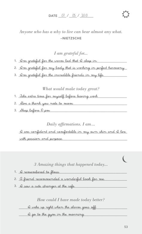 Five Minute Journal by Alex Ikonn 5 Minutes Journal, The Five Minute Journal, Five Minute Journal, Morning Journal, Journal Inspiration Writing, Gratitude Journal Prompts, Daily Journal Prompts, Bulletin Journal Ideas, Self Care Bullet Journal