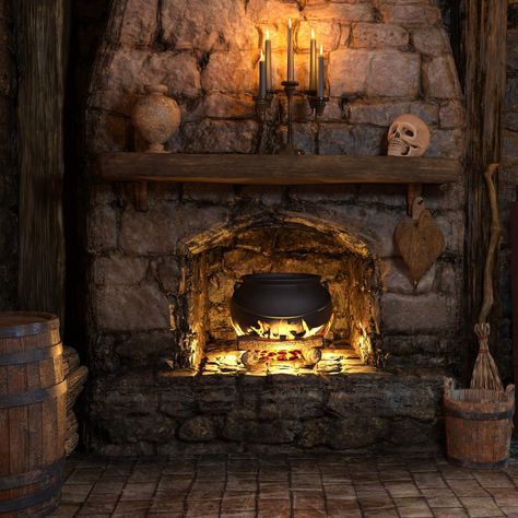 Settle down next to your cozy fireplace with your familiar, watch your cauldron bubble away with your latest potion and relax to the soothing sound of the crackling fire 🖤 Fairy Tale Cottage Interior, Halloween At Hogwarts, Witches Hut, Witch Party Decorations, Fireplace Halloween, Witch Cabin, Sun Witch, Dnd Room, Medieval Fairy