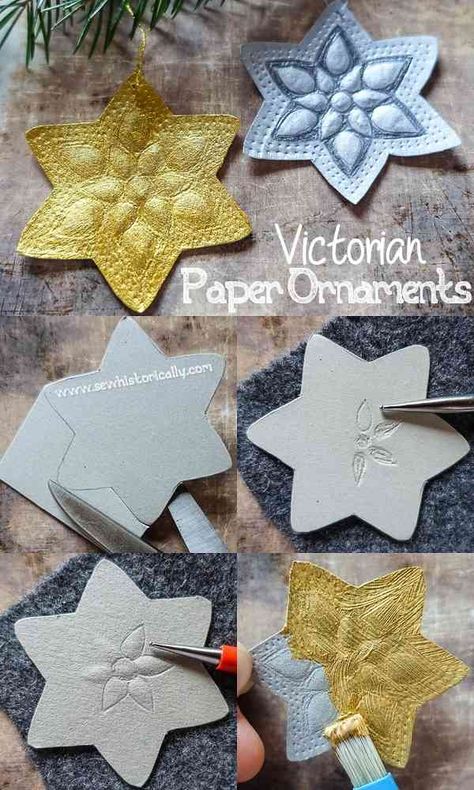 Victorian Arts And Crafts, Vintage Paper Ornaments, Christmas Carol Ornaments, How To Make Victorian Christmas Ornaments, Diy Ornaments Paper, Victorian Christmas Ornaments Handmade, Easy Christmas Crafts For Kids At School Diy Ornaments, Victorian Paper Ornaments, Victorian Crafts Diy