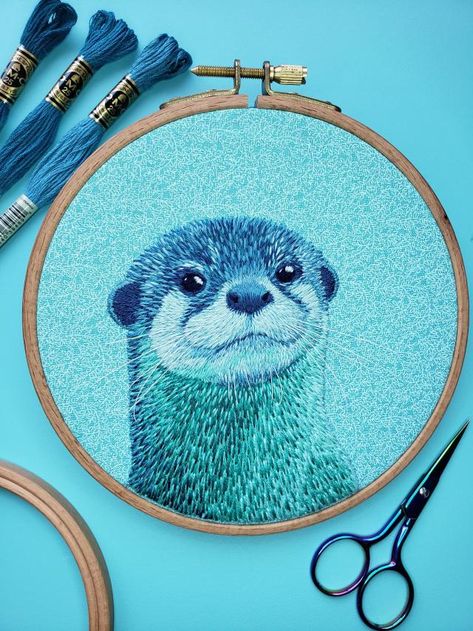 Otter Embroidery, Embroidery Crafts, River Otter, Blues And Greens, Embroidery Craft, Punch Needle, Yurt, Embroidery Projects, Otters