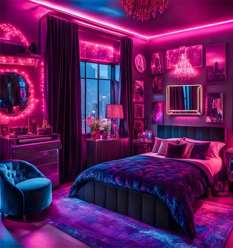 Baddie Living Room Ideas, Baddie Bedroom, Funky Shapes, Baddie Bedroom Ideas, Baddie Room, Chic Accent Chairs, Bold Bedroom, Neon Lights Bedroom, Neon Bedroom