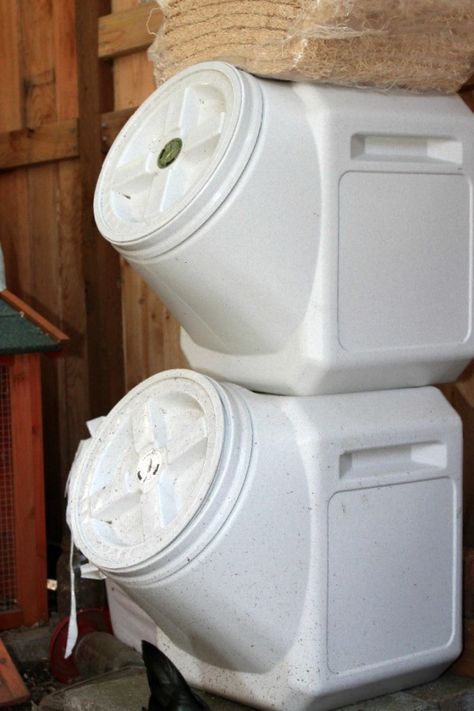 We wanted to store our chicken food and treats outside for easier access. However, without proper storage you will likely attract pests and you run the risk of the food spoiling from moisture. Storing Chicken Feed, Chicken Food Storage Ideas, Chicken Food Storage, Chicken Feed Storage Ideas, Chicken Feed Storage, Quack Shack, Horse Feed Room, Feed Room, Coop Decor