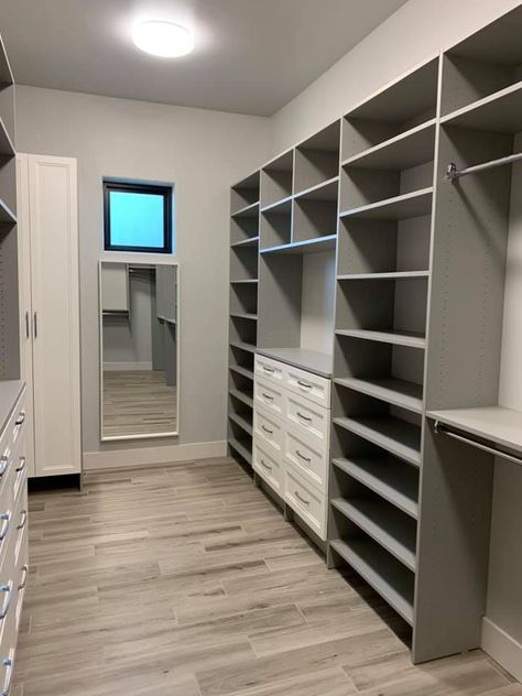 Two Tone Closet Cabinets, Grey And White Walk In Closet, Grey Walk In Closet, Black And White Closet, Grey Closet, Gray Closet, Pax Closet, Master Closet Design, Organization Systems