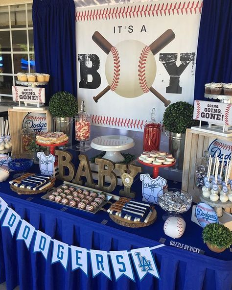 ⚾️LA Dodgers Themed Candy Dessert Buffet⚾️ by @dazzlebyvicky #candybar #candytable #desserttable #dessertbuffet #dessertstation #ladodgers… Dodgers Baby Shower Ideas, Baseball Baby Shower Decorations, Baseball Theme Birthday, Baseball Baby Shower Theme, Sports Baby Shower Theme, Baby Shower Dessert Table, Sports Baby Shower, Baseball Birthday Party, Baseball Birthday