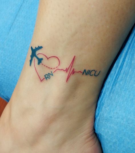 Travel Nurse Tattoo: heart, plane, RN, NICU, heartbeat Heartbeat Tattoo Placement Ideas, Travel Nurse Tattoo Ideas, Nicu Nurse Tattoo Ideas, Travel Nurse Tattoo, Nicu Nurse Tattoo, Nurse Tattoo Ideas, Nursing Tattoos, Surg Tech, Heart Tat