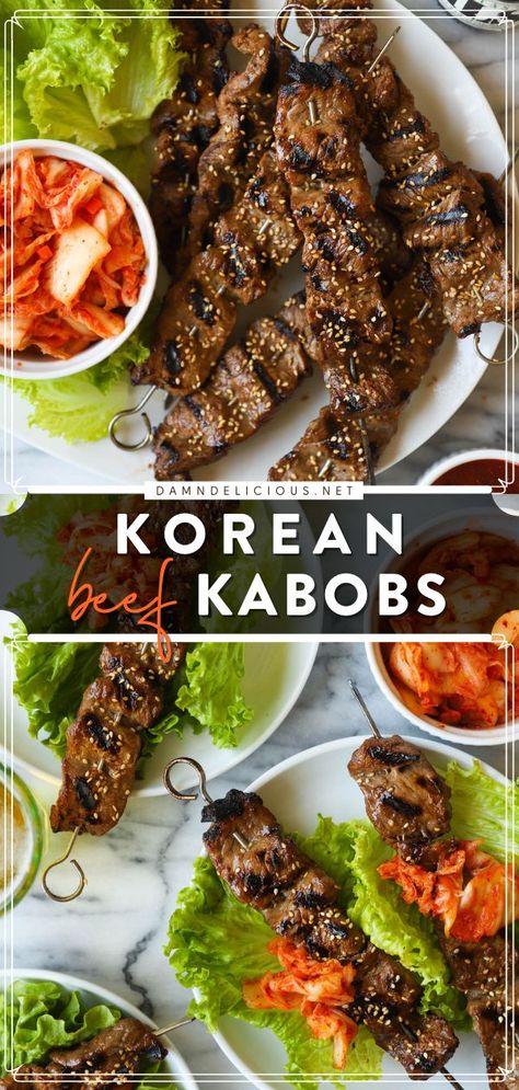 KOREAN BEEF KABOBS, family dinner ideas, easy meals Beef Kabobs On The Grill, Kabobs On The Grill, Korean Bbq At Home, Bbq At Home, Grilled Beef Recipes, Veal Recipes, Beef Kabobs, Thanksgiving Dinner Recipes, Asian Inspired Dishes