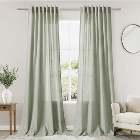 Airy Farmhouse Living Room, Light Green Curtains, Airy Farmhouse, Sage Green Curtains, Sage Curtains, Green Room Decor, Living Room Decor Lights, Linen Curtain Panels, Dining Room Curtains